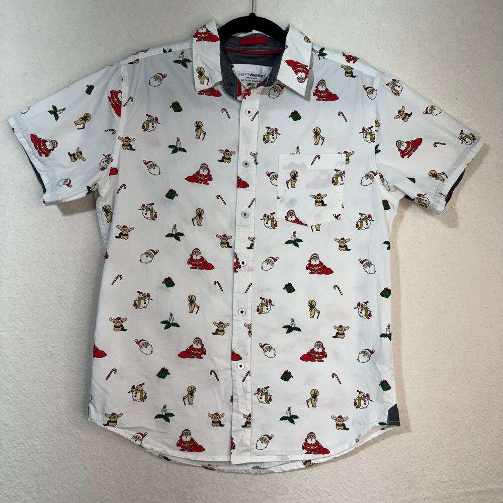 Eighth Avenue Men’s Medium Christmas Short-Sleeve White Button-Up Holiday Shirt